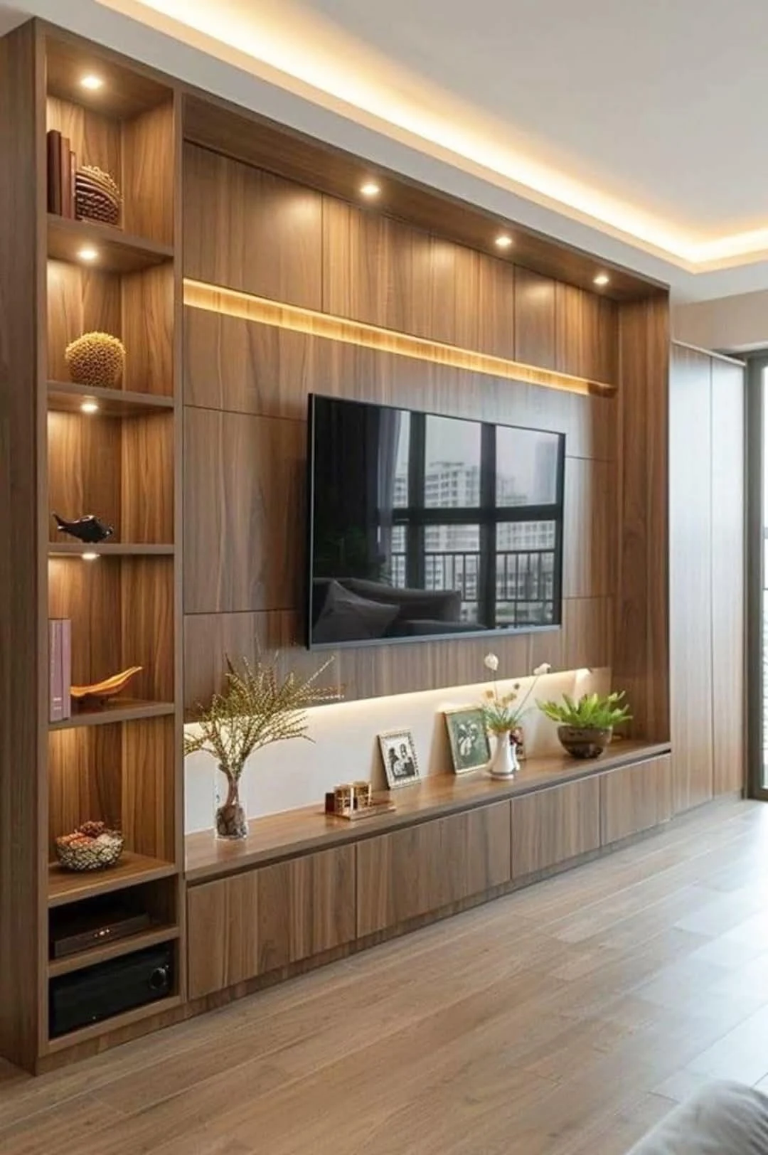 Warm Wooden TV Unit Niche Shelves